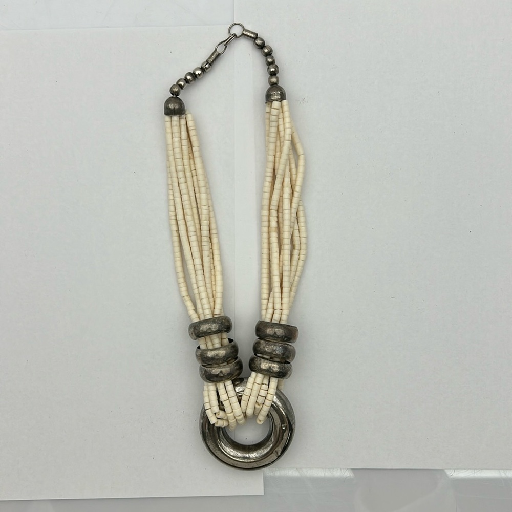 Vintage Bone Beads and Silver Plated Necklace